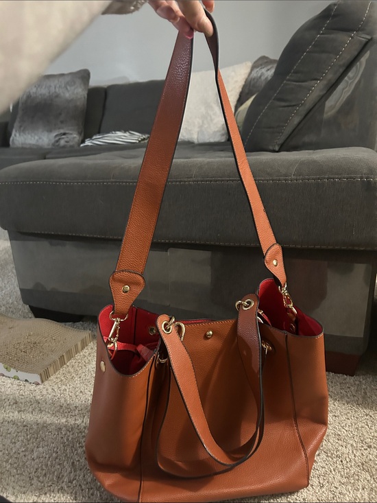 Unlisted Handbags - Unlisted Brown Pebbled Tote with Red Interior and Gold Ring Handles